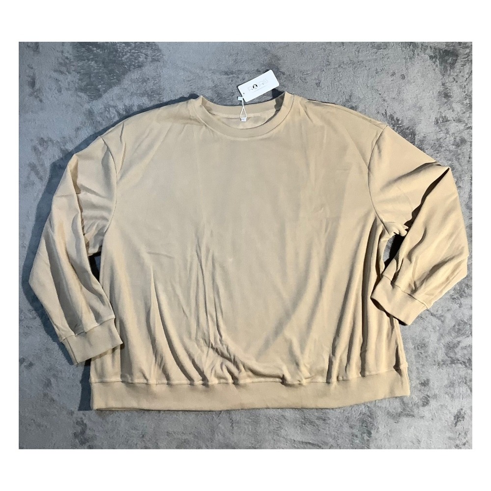 ROSRISS Plus Size 4XL Ribbed Long Sleeve Top Beige Relaxed Pullover NWT